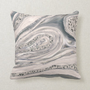 Grey liquid marble and crystal - pearl and silver throw pillow