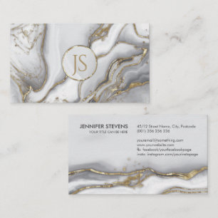 Grey liquid marble - pearl and gold monogram business card
