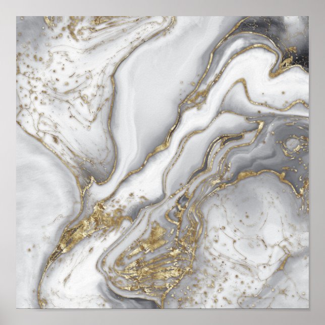 Grey liquid marble - pearl and gold poster (Front)