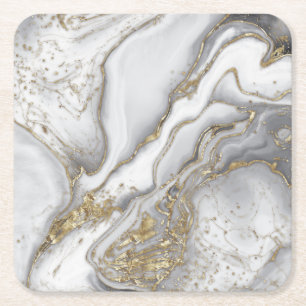 Grey liquid marble - pearl and gold square paper coaster