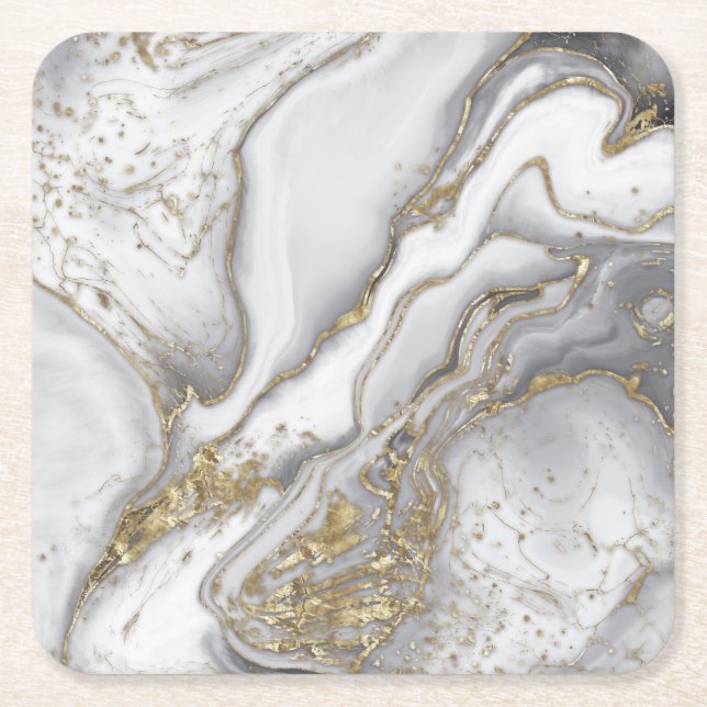 Grey liquid marble - pearl and gold square paper coaster (Front)