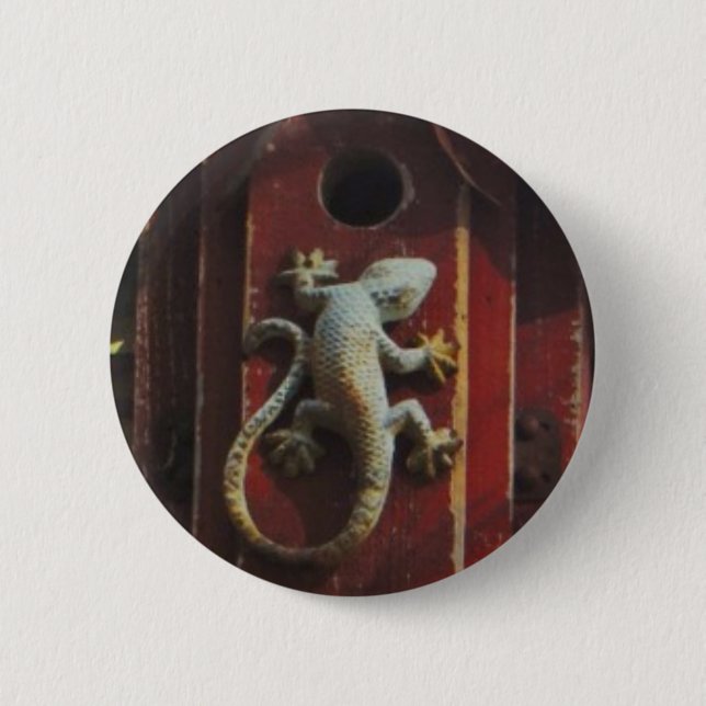 grey lizard on worn wood 2 inch round button (Front)