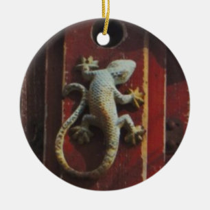 grey lizard on worn wood ceramic ornament