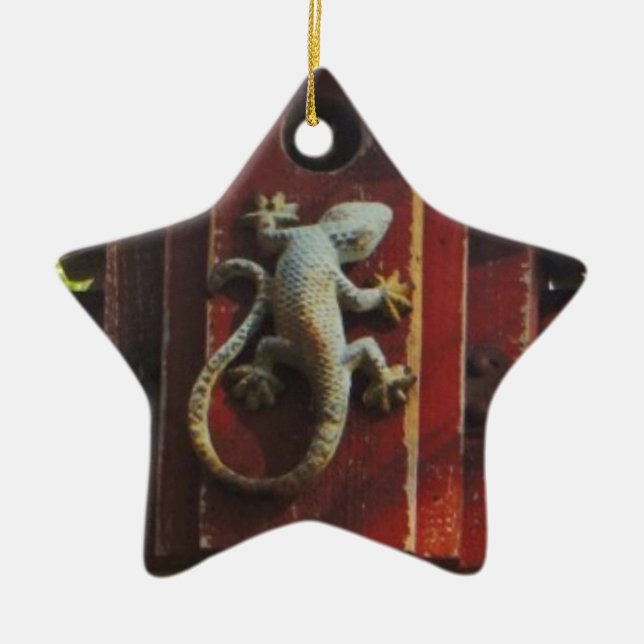 grey lizard on worn wood ceramic ornament (Front)