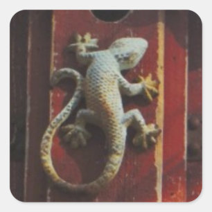 grey lizard on worn wood square sticker