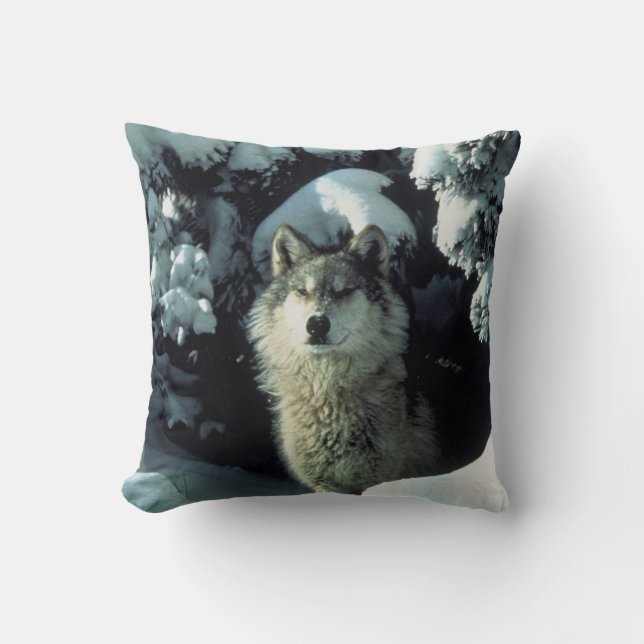 Grey Lone Wolf Lookout Throw Pillow (Front)
