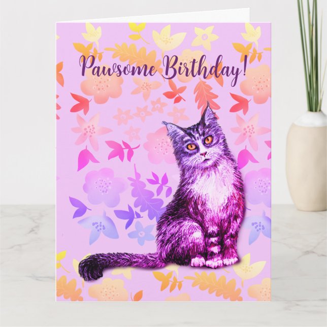 Grey long haired cat floral card (Front)