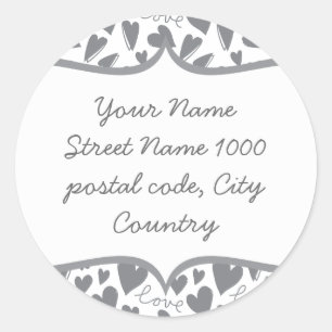 grey love & hearts on white classic round sticker