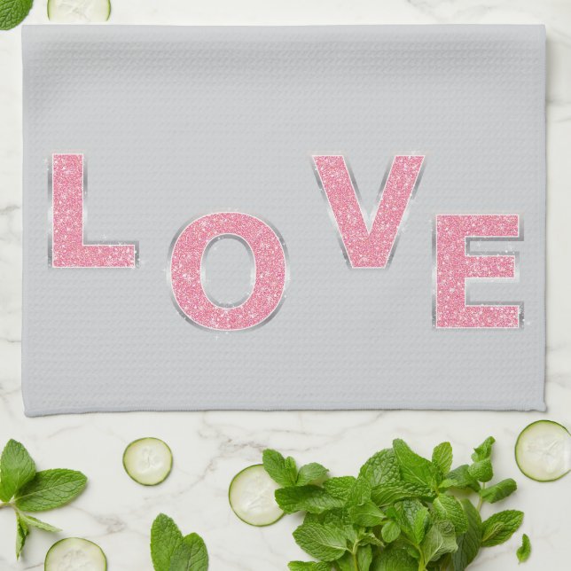 Grey Love Pink Silver Glitter Kitchen Towel (Folded)
