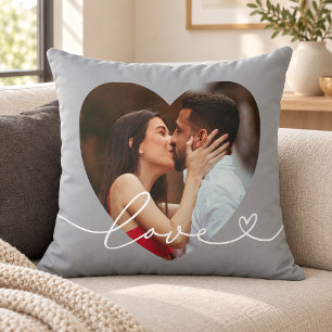 Grey Love Script Heart Photo Couple Throw Pillow