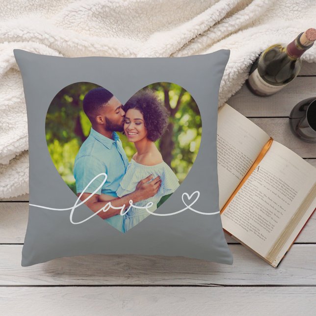 Grey Love Script Heart Photo Couple Throw Pillow (Creator Uploaded)