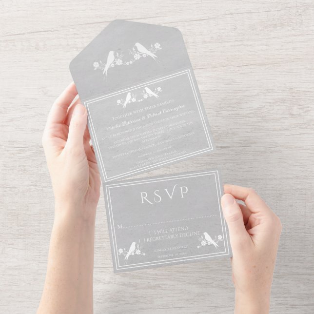 Grey Lovebird Floral All in One Wedding Invite (Tearaway)