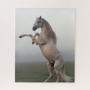 Grey Lusitano Stallion Rearing In Mist Jigsaw Puzzle