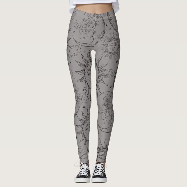 Grey Magic Vintage Celestial Sun Moon Stars Leggings (Front)