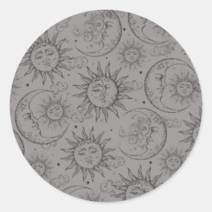 Grey Magic Vintage Celestial Sun Moon Stars Party Classic Round Sticker