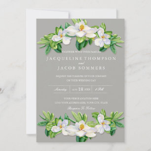 Grey Magnolia Blossom Floral Wreath Watercolor Art Invitation