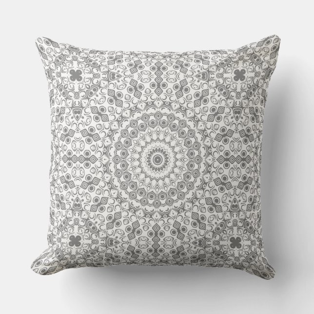 Grey Mandala Geometric Pattern Throw Pillow (Front)