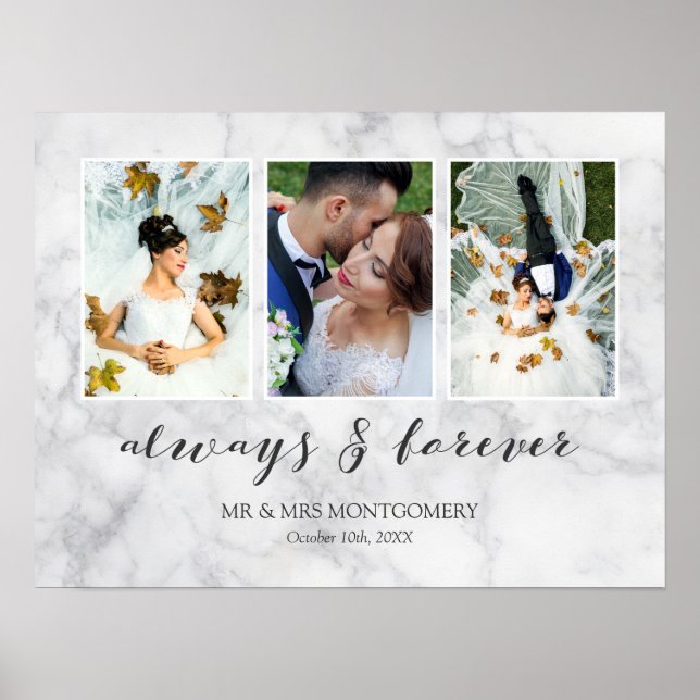 Grey Marble Always & Forever Wedding Photo Collage Poster (Front)