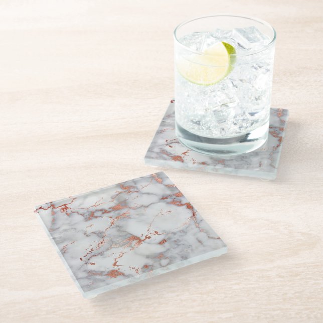 grey marble and faux rose gold glass coaster (Angled)
