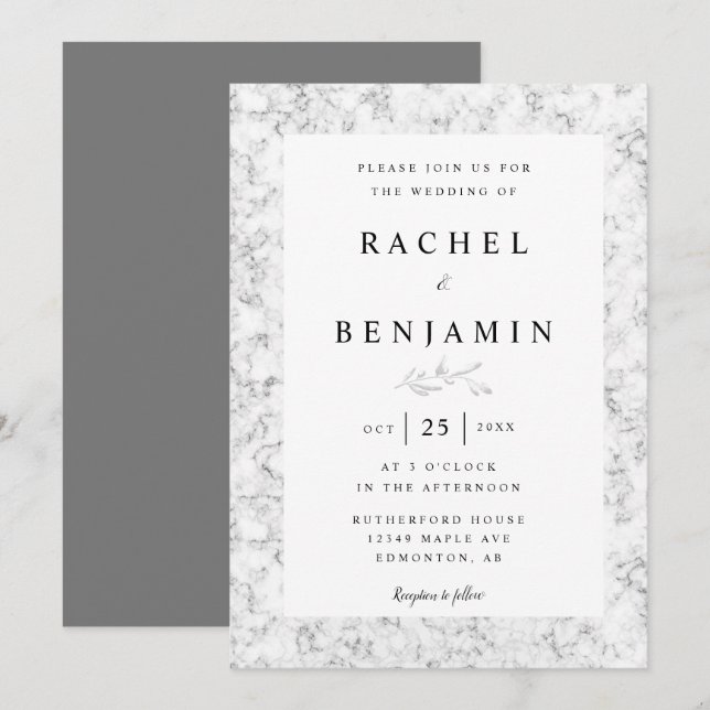 grey marble elegant simple modern chic wedding invitation (Front/Back)
