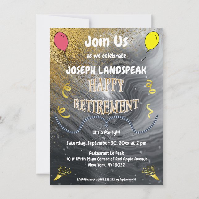 Grey Marble & Gold Streamers Happy Retirement Invitation (Front)