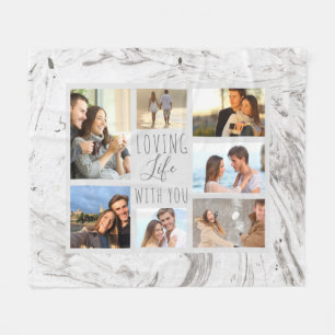 Grey Marble Loving Life with You - 7 Photo Collage Fleece Blanket