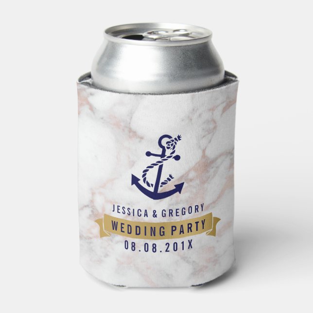 Grey marble Nautical Boat Anchor Can Cooler (Can Front)