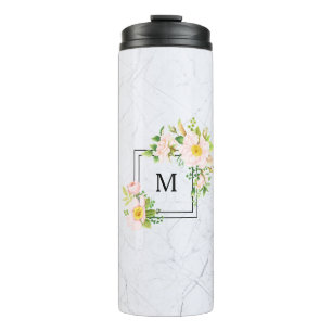 Grey Marble Pink Wild Roses Monogram Thermal Tumbler