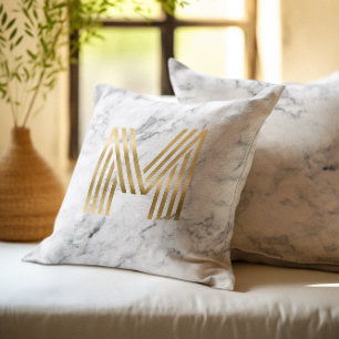 Grey Marble Retro Geometric Gold Foil Monogram M Throw Pillow