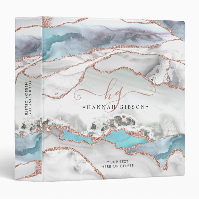 Grey Marble Rose Gold Glitter Teal Script Monogram Binder (Front/Spine)