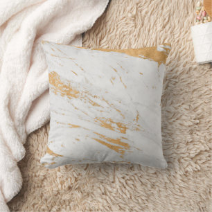 Grey Marble Stone Faux Gold Strokes Modern Throw Pillow