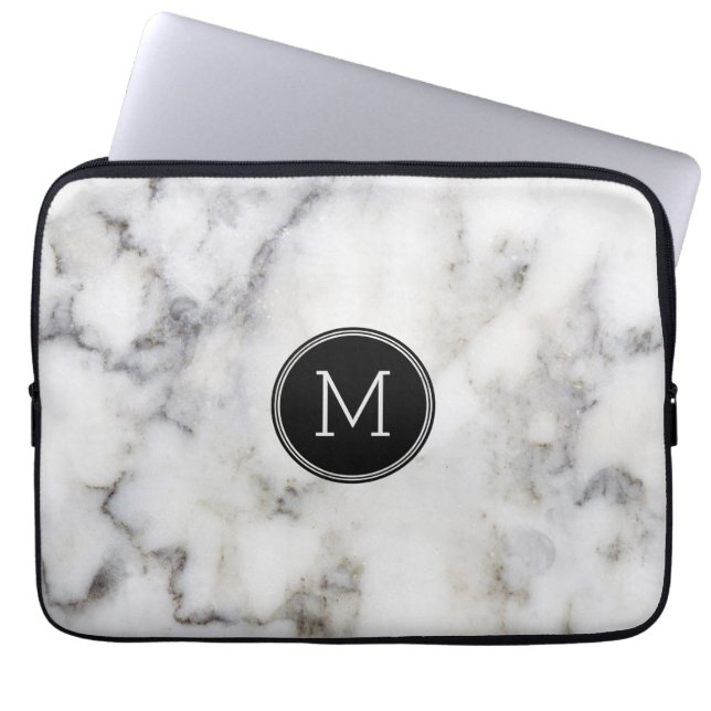 Grey Marble Stone Monogram Laptop Sleeve (Front)