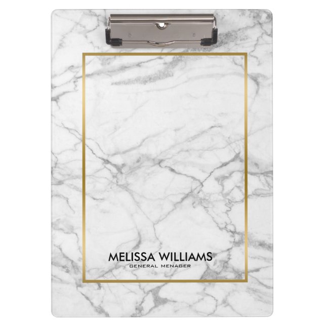 Grey Marble Stone Texture Gold Border Clipboard (Front)