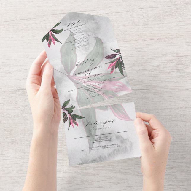 Grey Marble Tropical Pink Philodendron All In One Invitation (Tearaway)