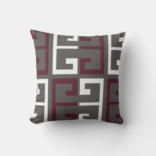 Grey, Maroon and White Tile Throw Pillow (Front)
