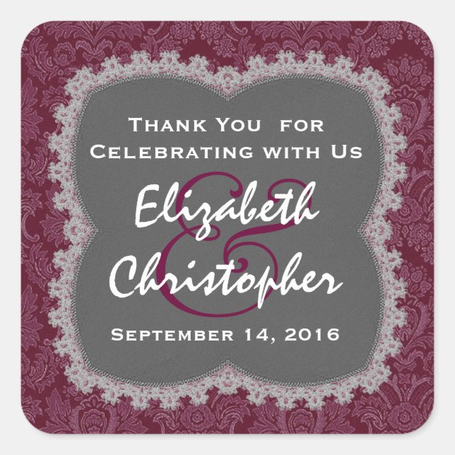 Grey Maroon Damask Wedding Thank You Wedding R354N Square Sticker (Front)