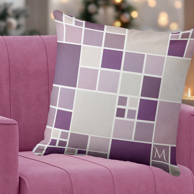 Grey Mauve Monogram Mosaic Pattern Pillow (Modern pillow featuring a checkered mosaic pattern with watercolor effect in mauve, purple and lilac)