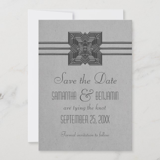 Grey Medallion Border Save the Date Invite (Front)