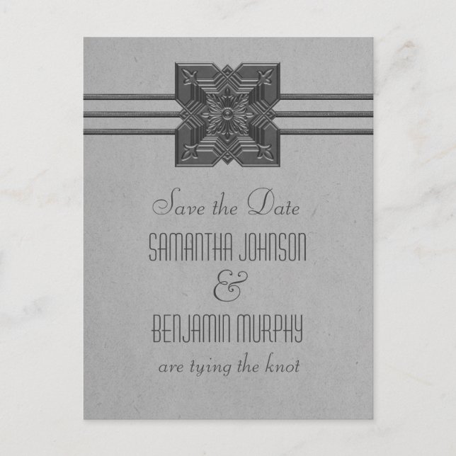Grey Medallion Border Save the Date Postcard (Front)