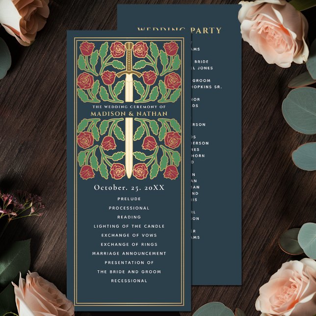 Grey Medieval Gold Floral Sword Royal Wedding Program (Creator Uploaded)