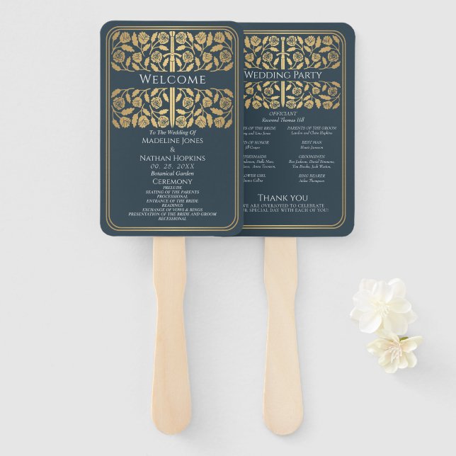 Grey Medieval Gold Sword Royal Wedding Program Hand Fan (Front and Back)