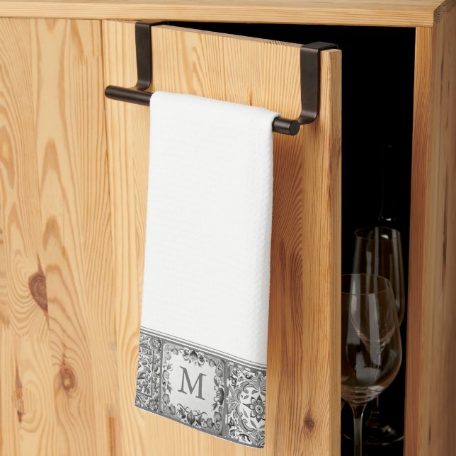 Grey Mediterranean Tile Personal Custom Monogram Kitchen Towel (Thirds Fold)