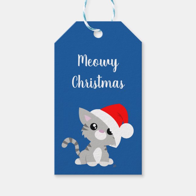 Grey Meowy Christmas Kitty Gift Tags (Front)