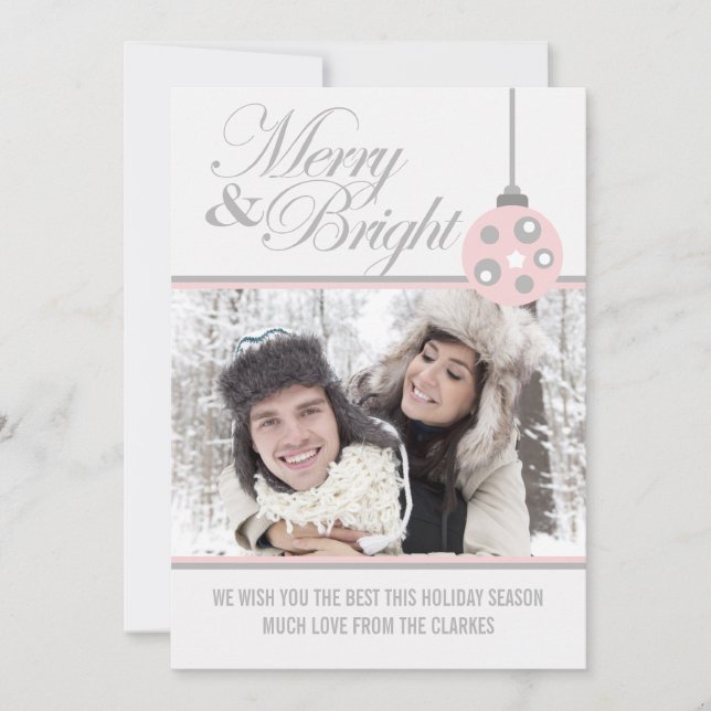 Grey Merry & Bright Holiday Photo Greeting Card (Front)