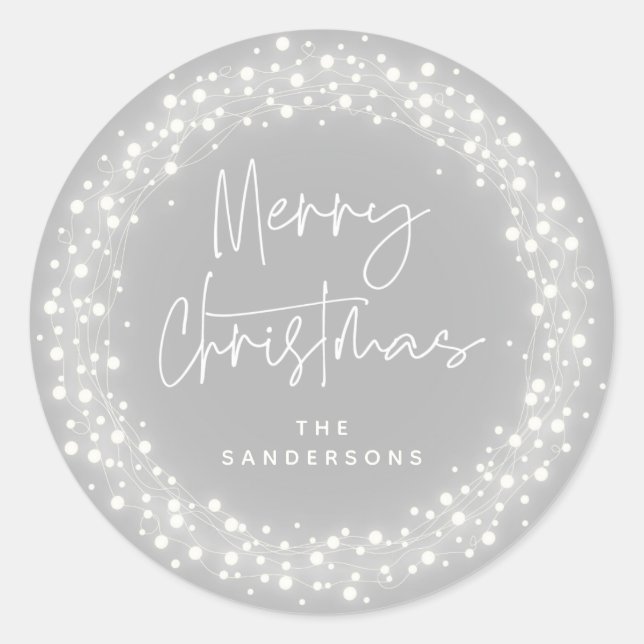 Grey Merry Christmas Script Sparkling Lights Classic Round Sticker (Front)