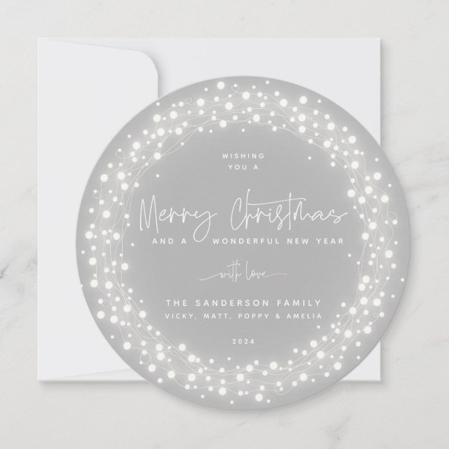 Grey Merry Christmas Script Sparkling Lights Holiday Card (Front)