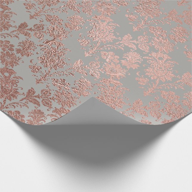 Grey Metal Pink Rose Gold Powder Faux Blush Floral Wrapping Paper (Corner)
