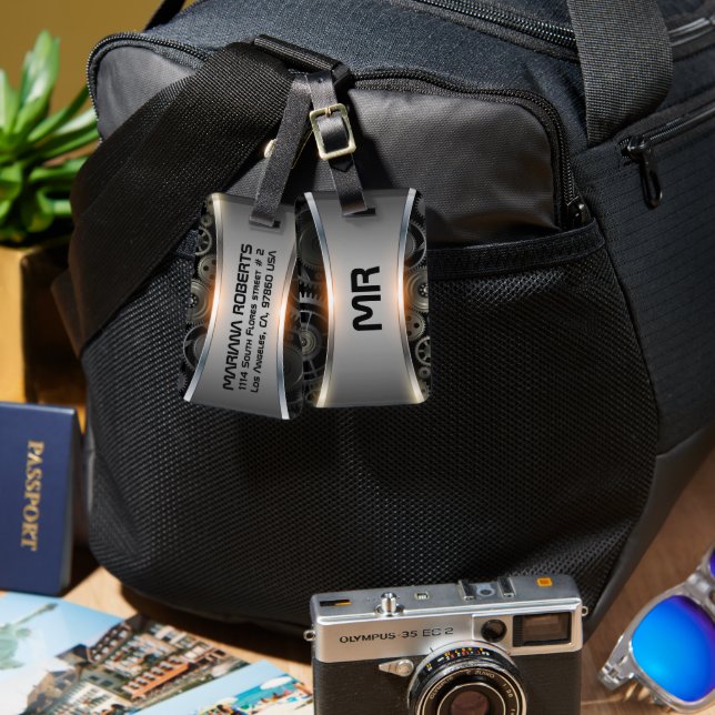 Grey metallic background luggage tag (Front & Back)