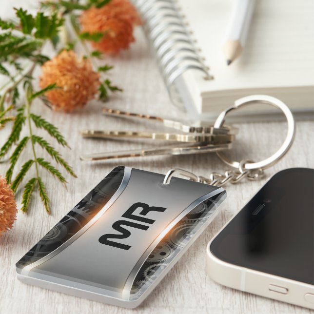 Grey metallic background luggage tag keychain (Front Right)