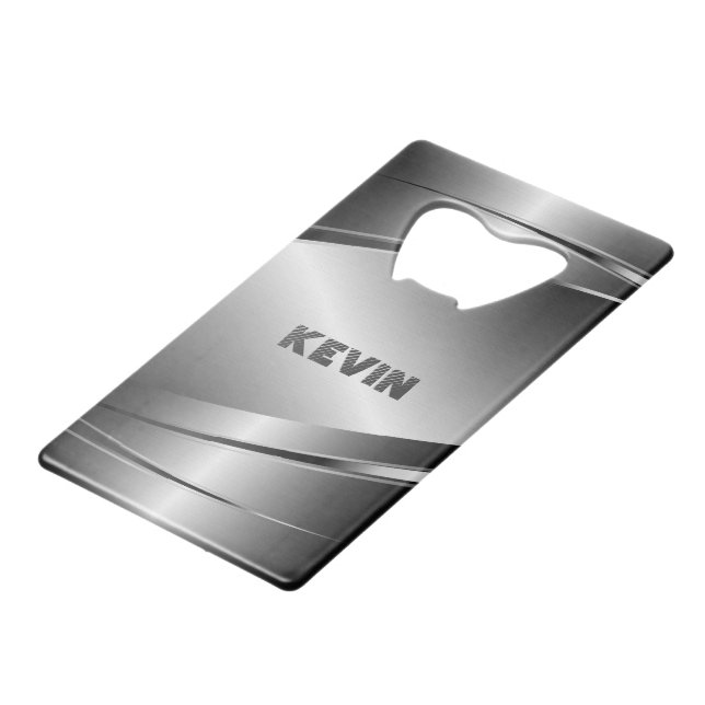 Grey Metallic Brushed Aluminum Look Credit Card Bottle Opener (Front Angled)
